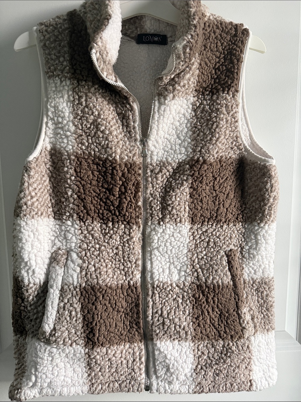 LOMON Plush Sherpa Zip Vest in Cream & Brown Check